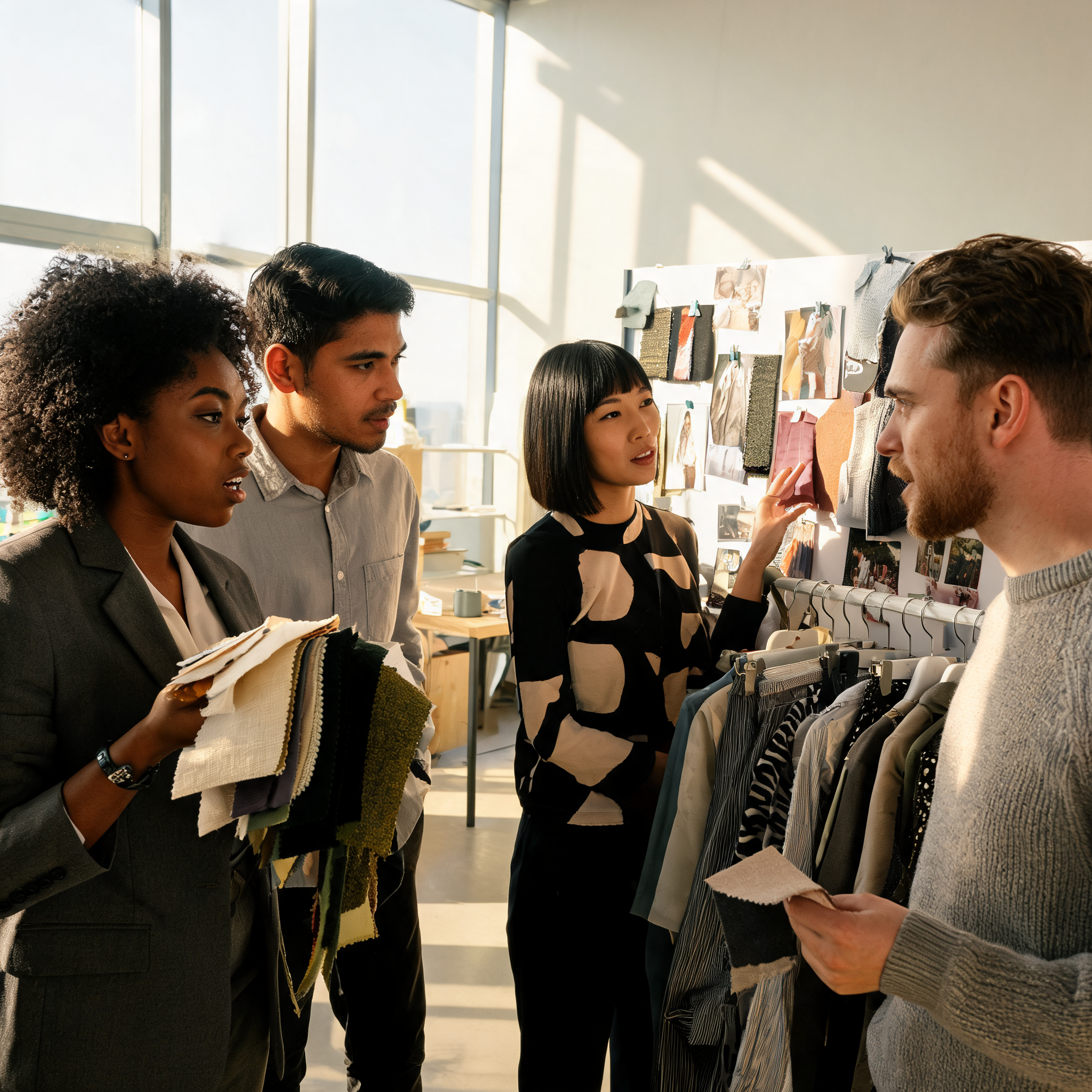 Team discussing fashion trends and samples