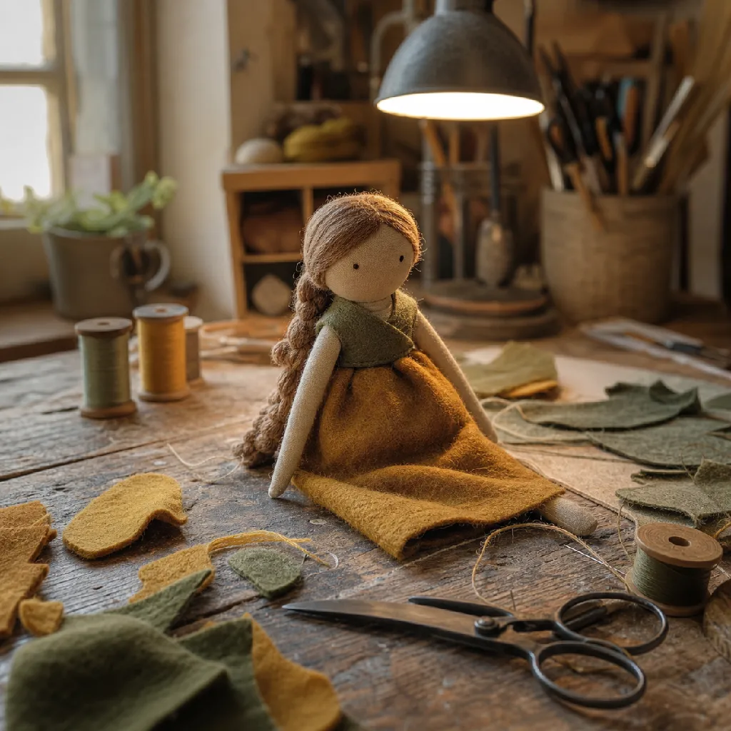A studio workbench scattered with cut wool felt, spools of cotton thread and a half-stitched cloth doll under a focused lamp