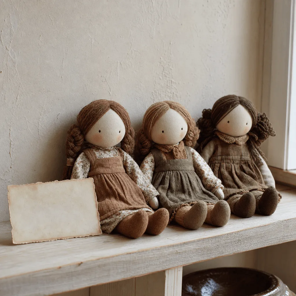 A small family of three matching cloth dolls in coordinated earth-tone outfits, arranged on a wooden shelf beside a build card