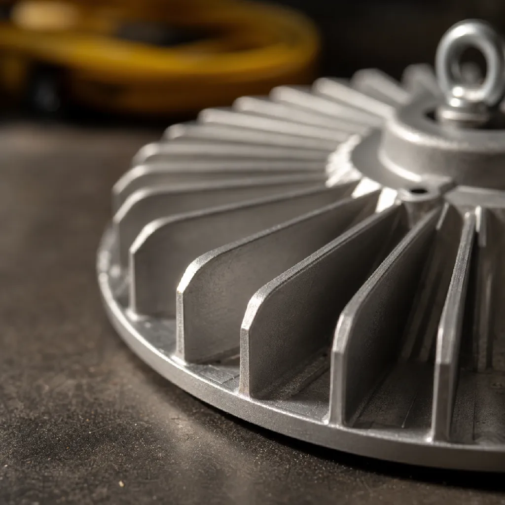 Close-up of a machined aluminum LED high-bay heat sink, fin edges catching warm side light, fine brushed metal texture visible