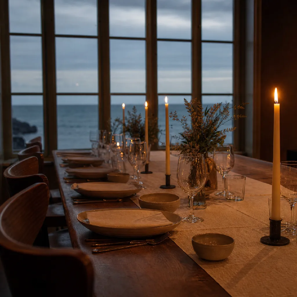 The DY HOTEL dining room at evening — a long table set with linen and candles, windows full of grey sea.