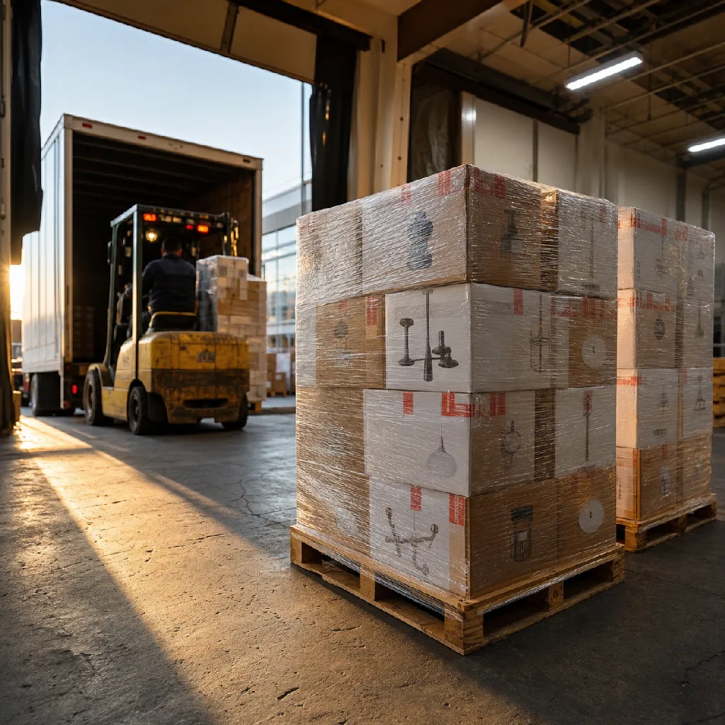Shrink-wrapped pallets of boxed lighting fixtures staged at a loading dock, a forklift moving one toward an open trailer