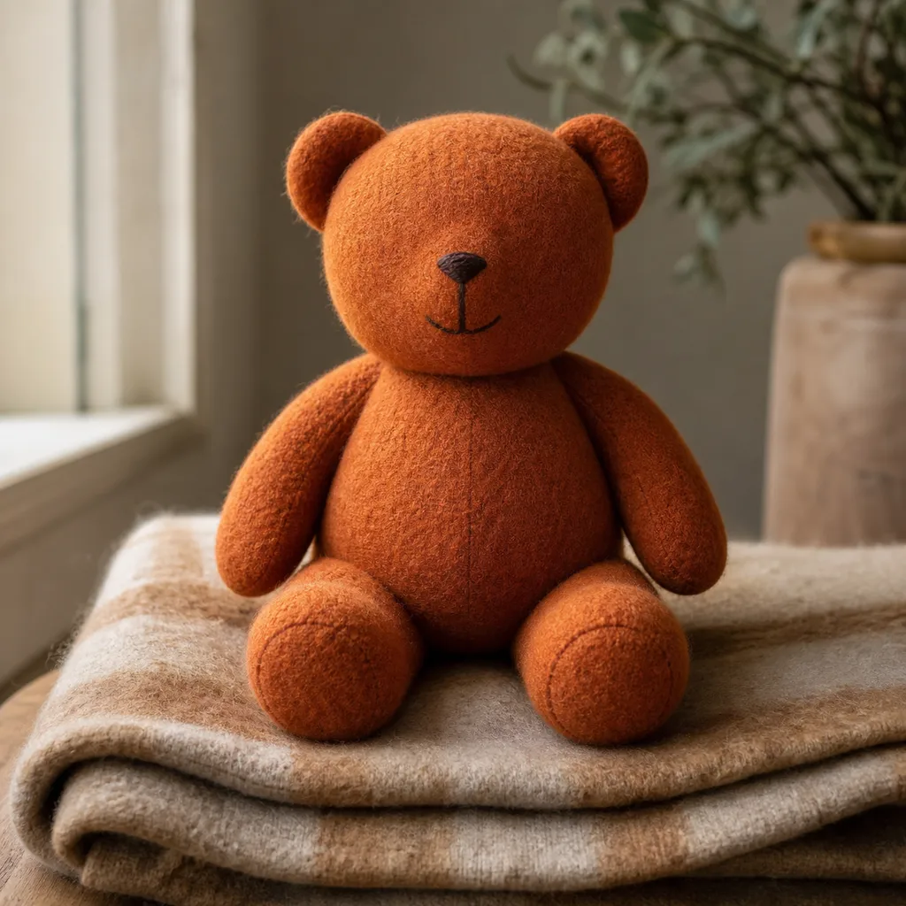 A rust-orange cloth bear doll with rounded ears and a stitched nose, seated on a folded wool blanket in soft window light
