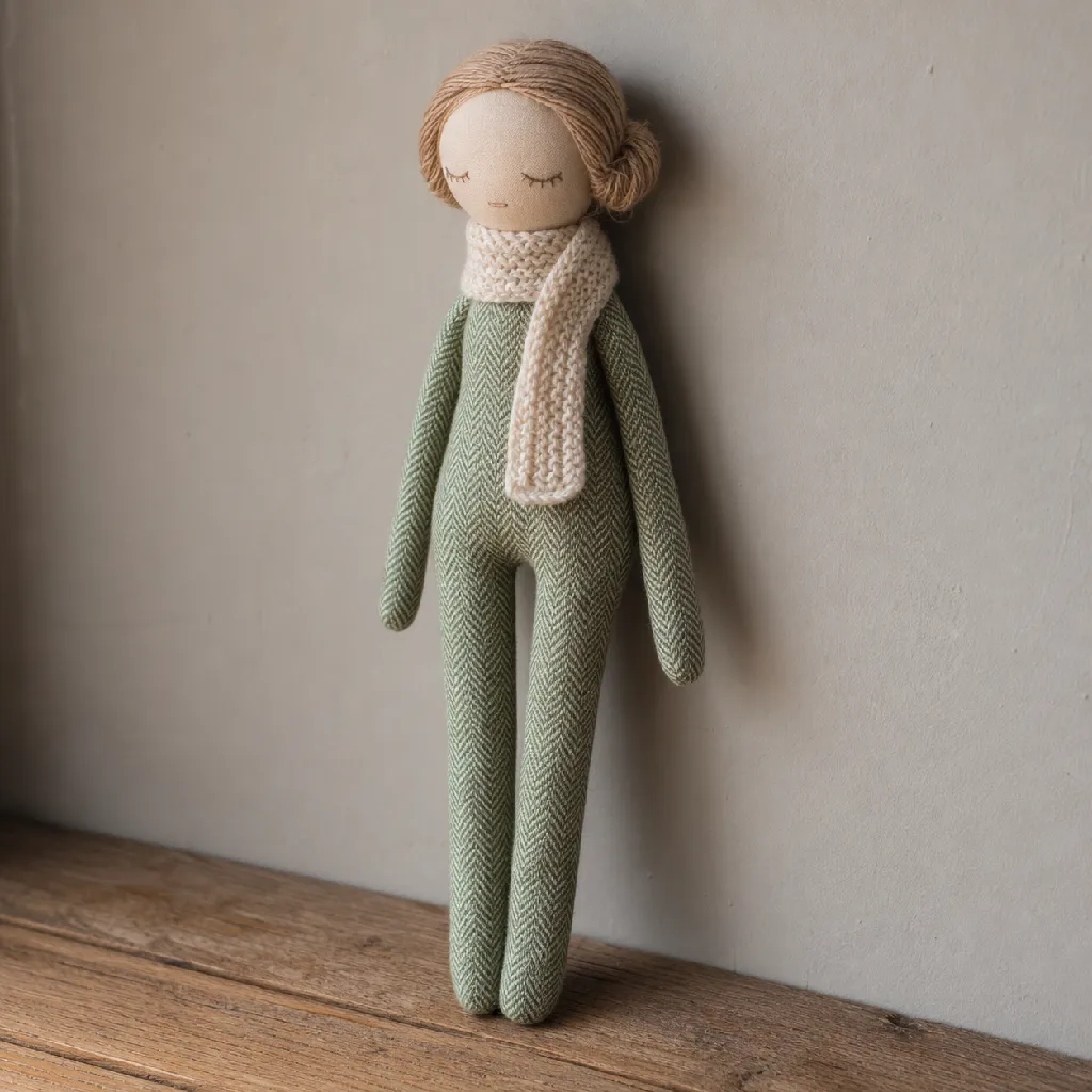 A slim sage-green cloth doll wearing a tiny knitted scarf, posed standing against a warm grey backdrop
