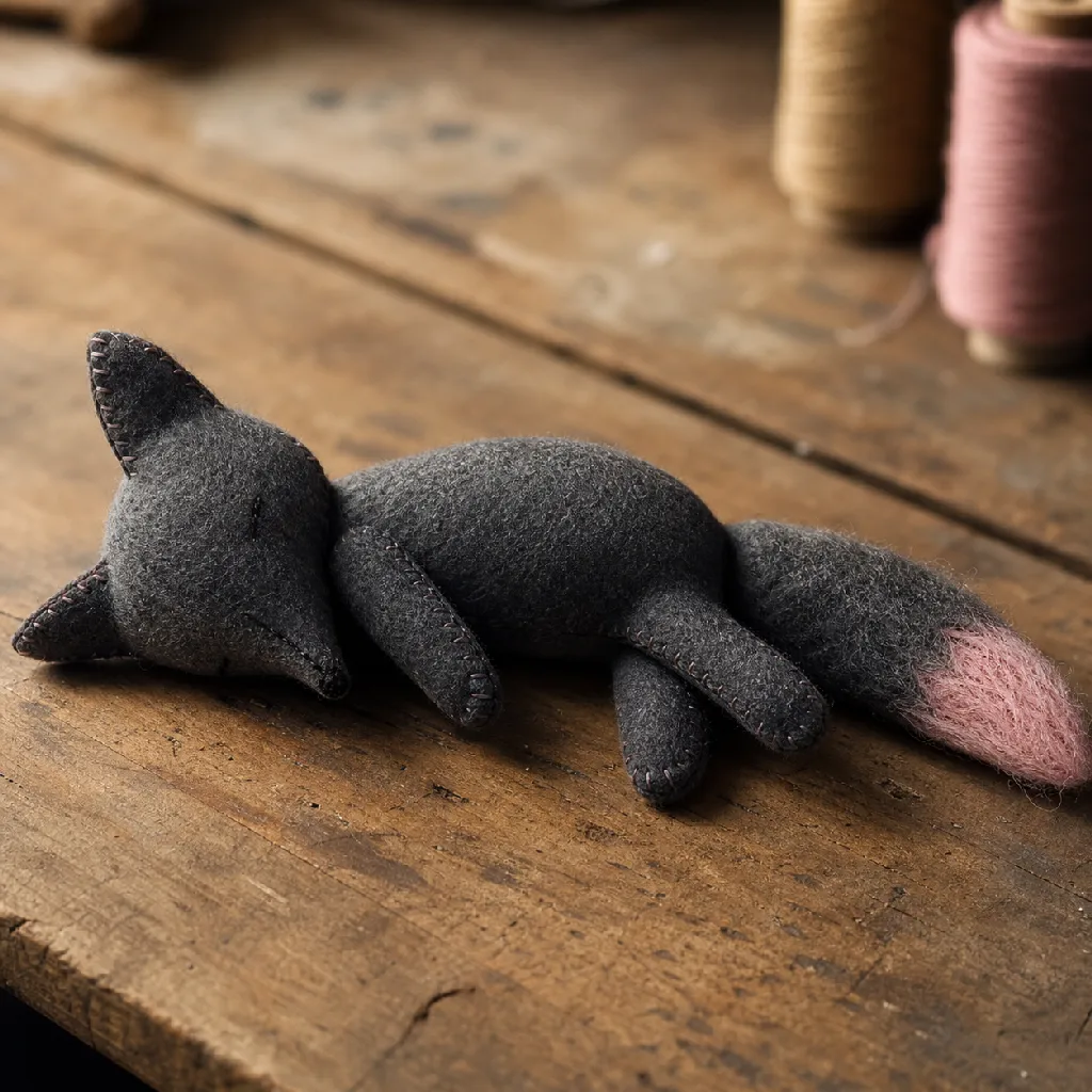 A small charcoal-grey cloth fox doll with a pink-tipped tail, lying on a wooden workbench beside thread spools