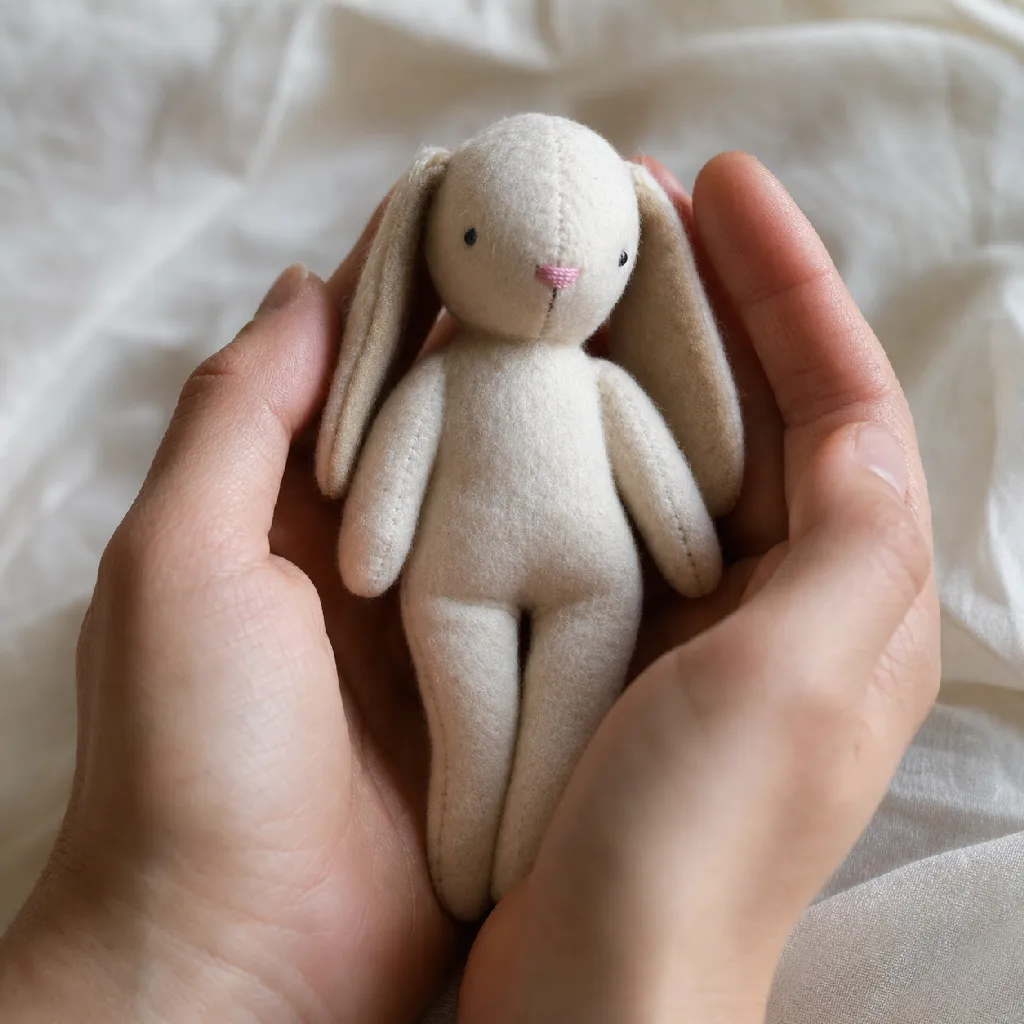 A tiny cream cloth rabbit doll with long floppy felt ears, held in two cupped hands