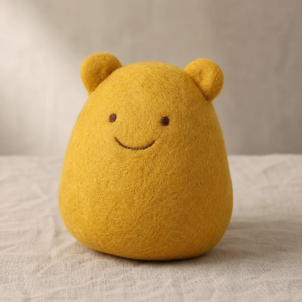 A plump mustard-yellow cloth doll with round felt ears and a hand-embroidered smile, sitting upright on a pale linen surface