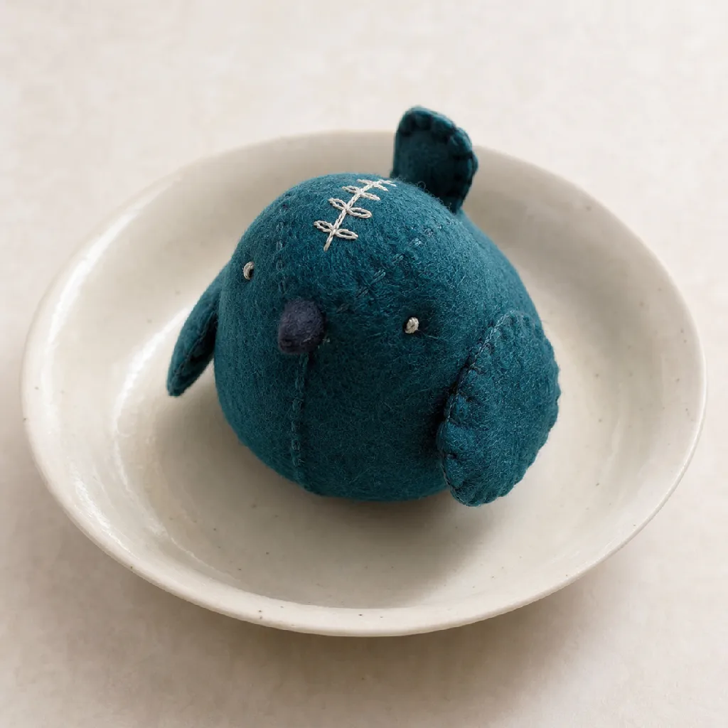 A deep teal cloth doll shaped like a small round bird with stitched wings, resting on a pale ceramic dish