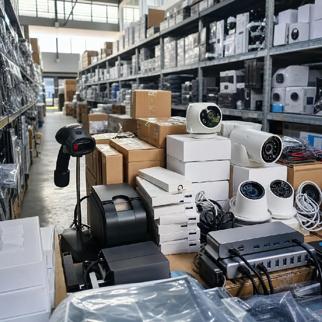 Acskwa packing bench with labeled electronics cartons and scanner-ready order sheets