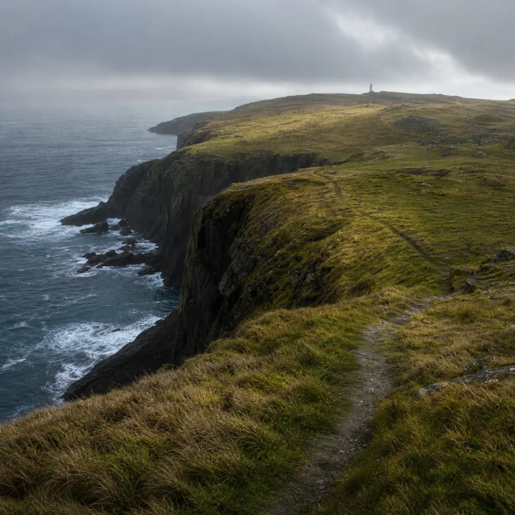 The northern headland in low cloud — grass cliffs, a thin coast path and the grey sea beyond.
