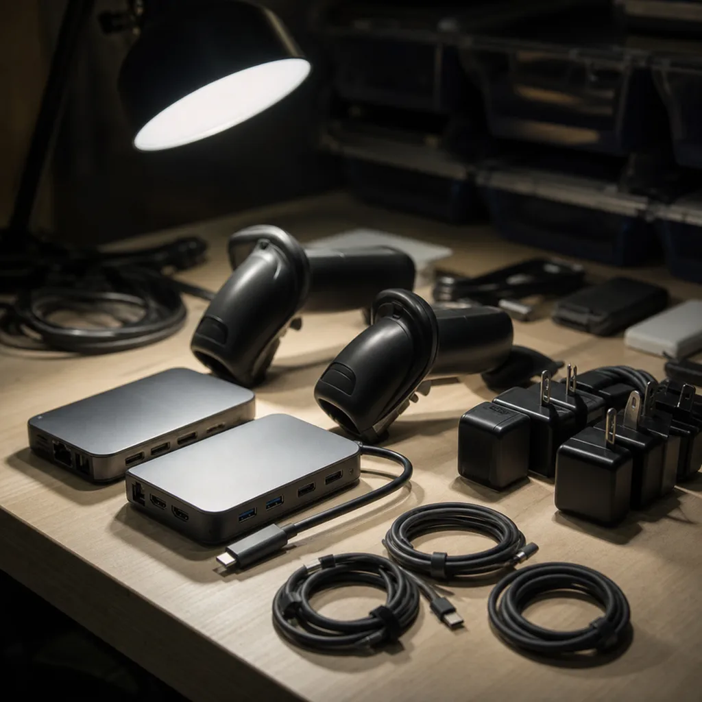 USB-C hubs and barcode scanners arranged on an electronics inspection table under directional work light
