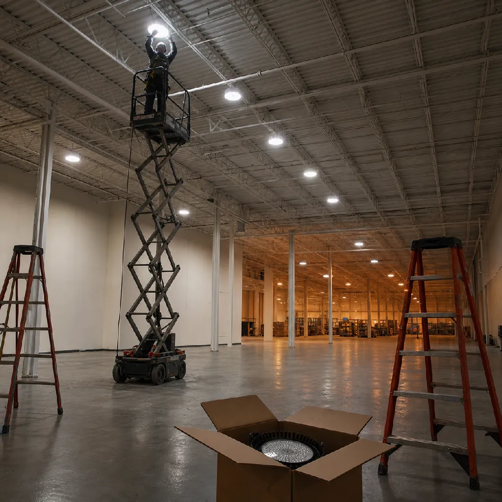 Electrician on a scissor lift mounting an LED high-bay fixture near the ceiling of a bright commercial interior, rows of installed fixtures already lit behind