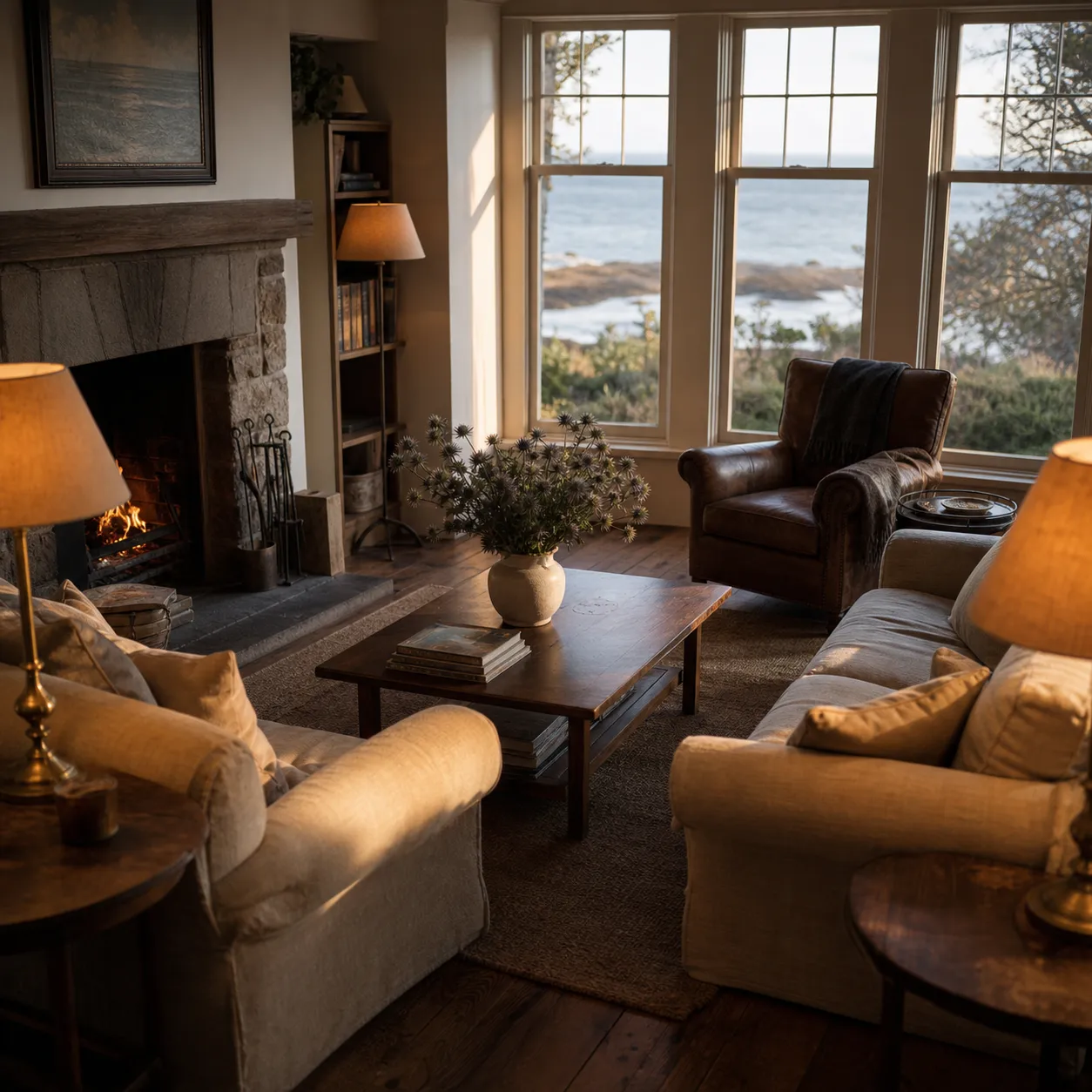 The DY HOTEL lounge — linen sofas, a lit fireplace, low brass lamps and tall windows facing the water.