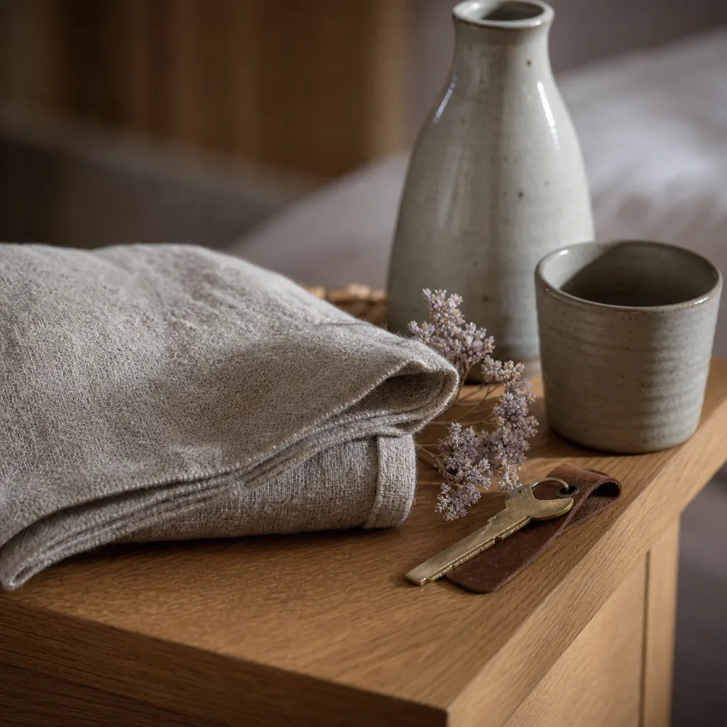 Close detail of a Garden Room at DY HOTEL — folded oatmeal linen, an oak side table, a ceramic carafe, soft window light.