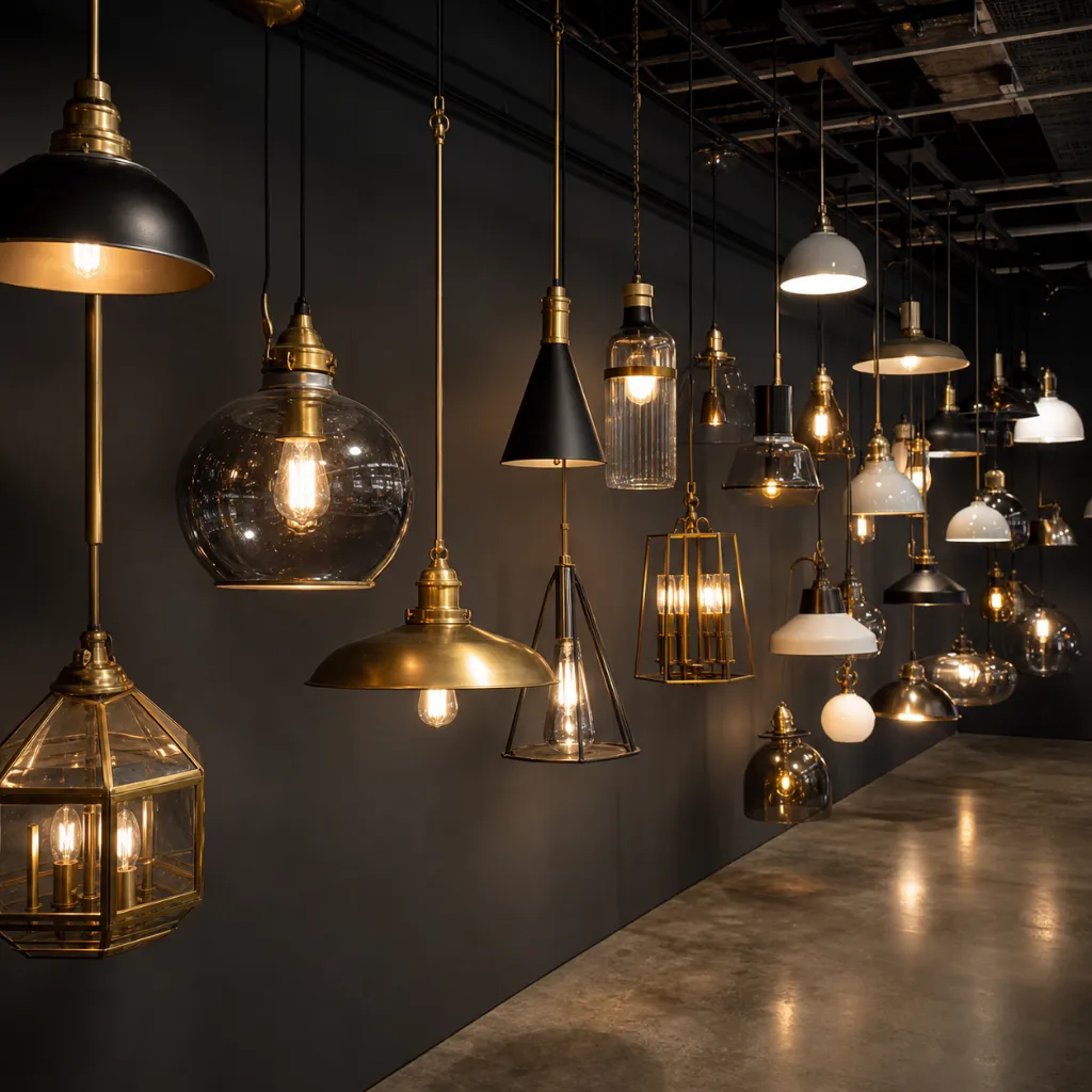 Wall of assorted lit pendant fixtures in brass, matte black, and glass hanging at varied heights in a wholesale fixture showroom