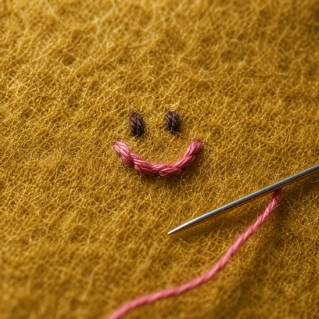 Extreme close-up of hand-embroidery floss forming a doll's smile on brushed wool felt, with a single sewing needle resting in frame