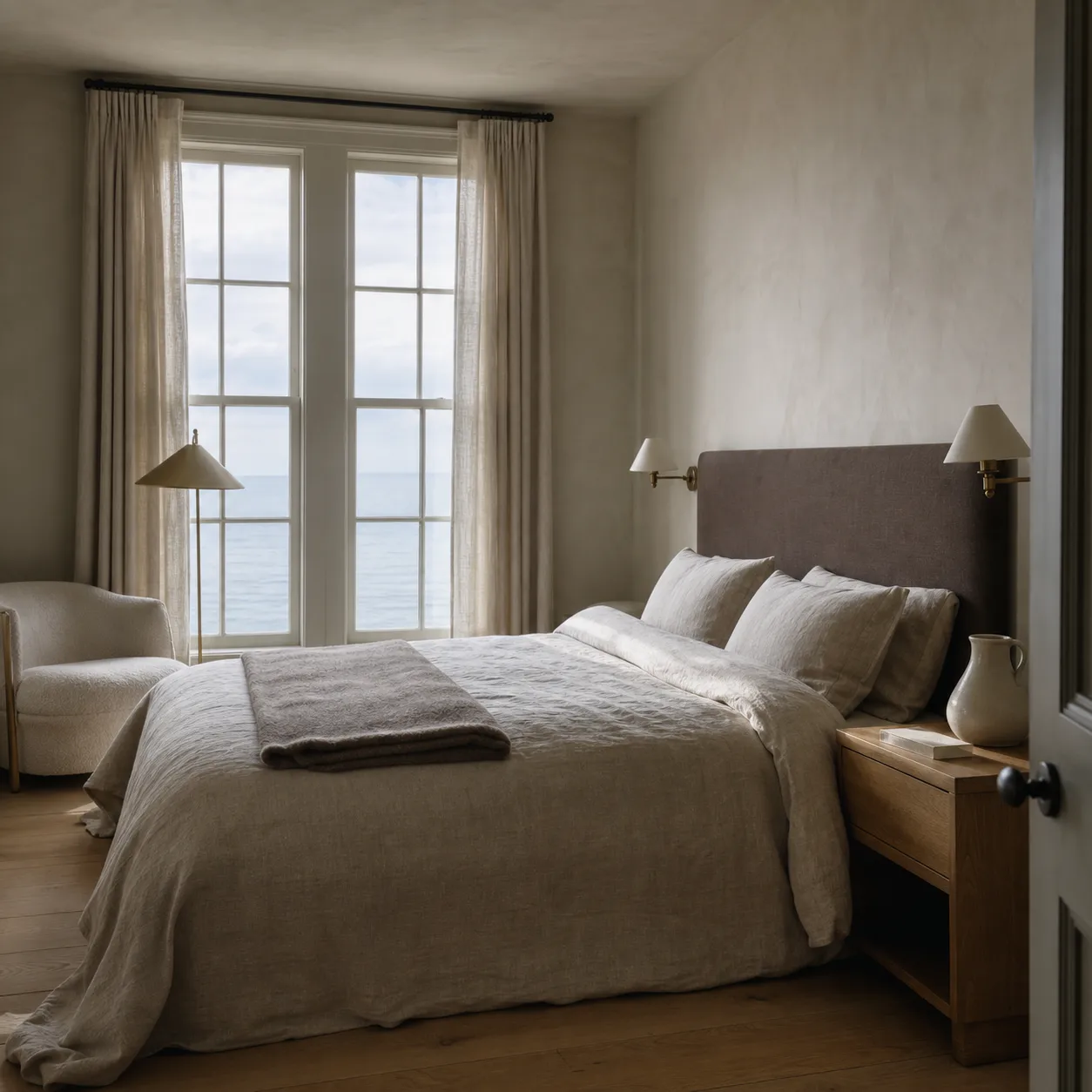 A Headland Room at DY HOTEL — a linen-dressed bed beside a tall window full of grey sea, a reading chair and a low brass lamp.