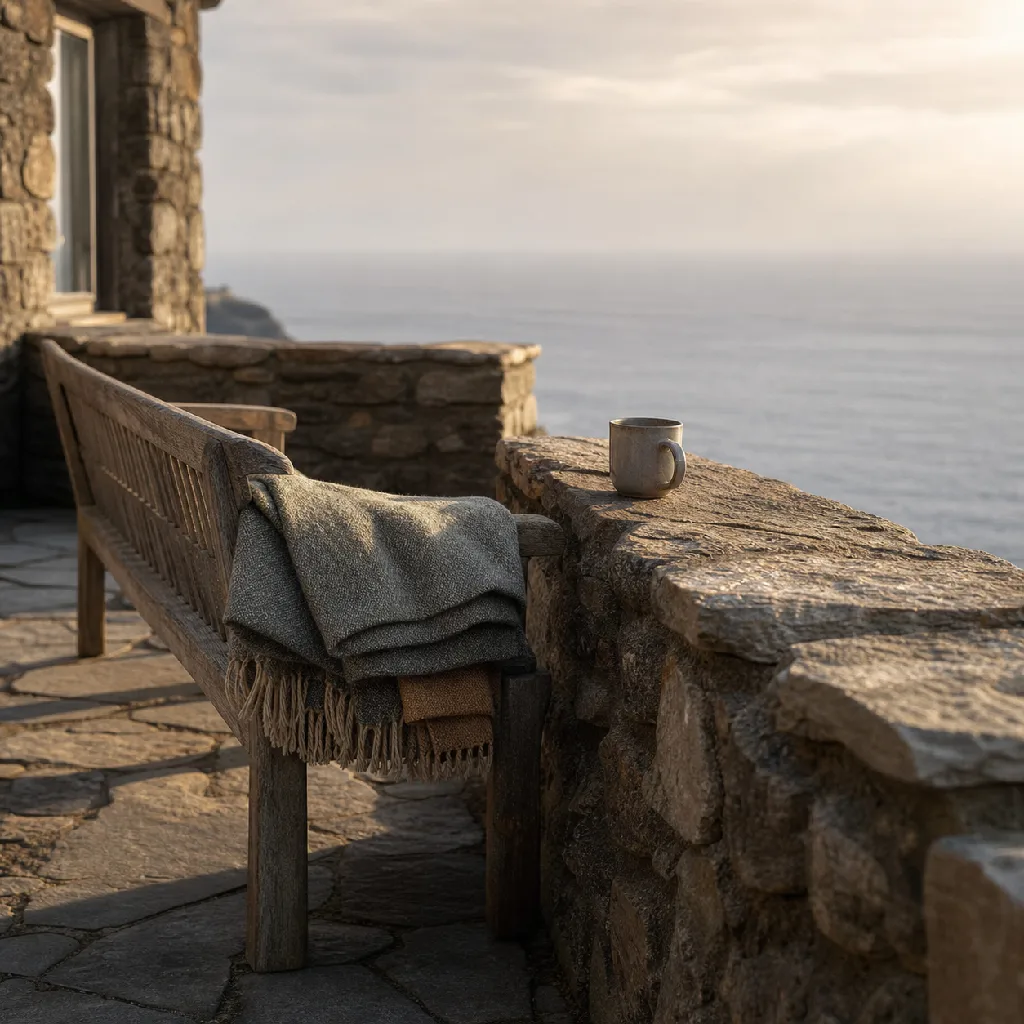 The DY HOTEL terrace in late afternoon — weathered stone, a long bench, blankets folded over the arm, the sea beyond.